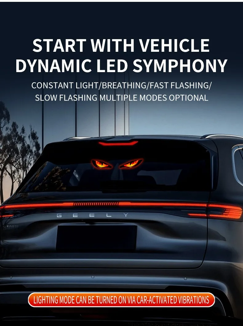 Solar-Powered Car Demon Eye LED Ambient Light, Wireless Suction Cup Dynamic Expression Light in Red, Blue, and Green.