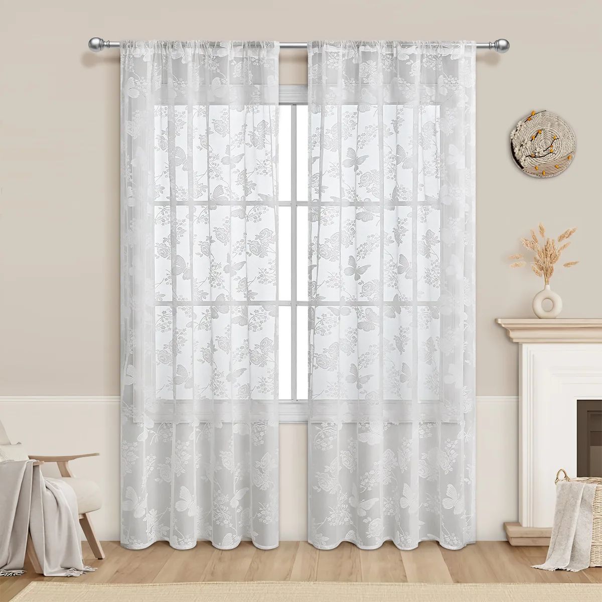 1panel, spring and summer fresh butterfly white gauze curtain, semi transparent gauze curtain for living room and bedroom