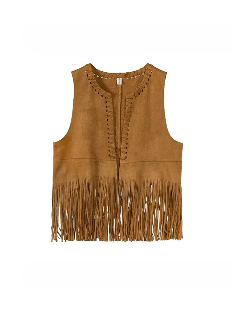 

n Sle Women's Denim Suede Vest Summer Fringed Open Cardigan Outerwear Western Cowboy ort Length Color