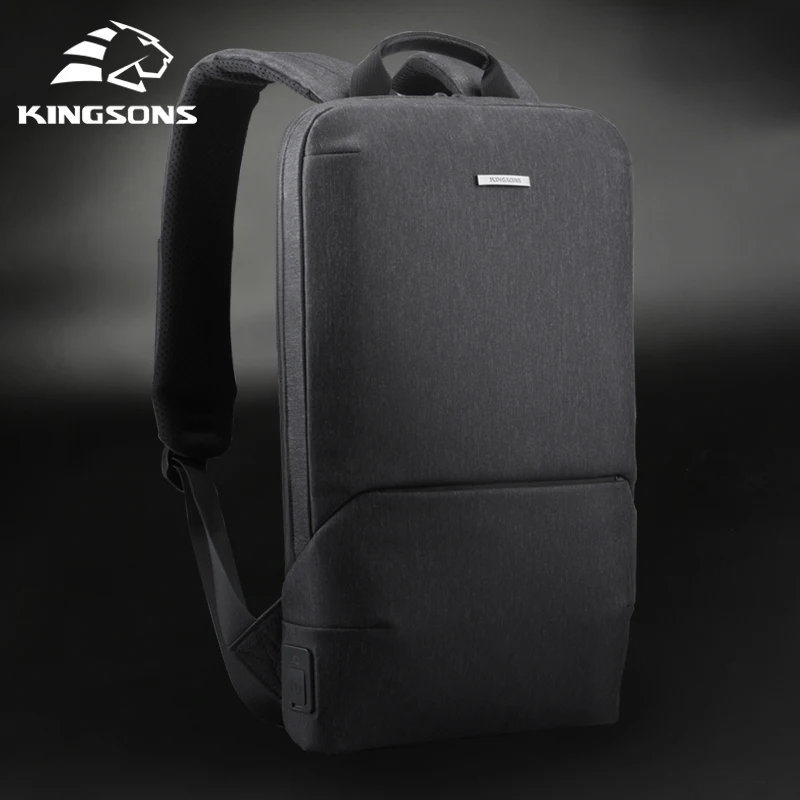 Kingsons New Thin 15\'\' Laptop Backpacks Men Women Business Backpack Office Work Bag Unisex Gray Ultralight Schoolbag With USB