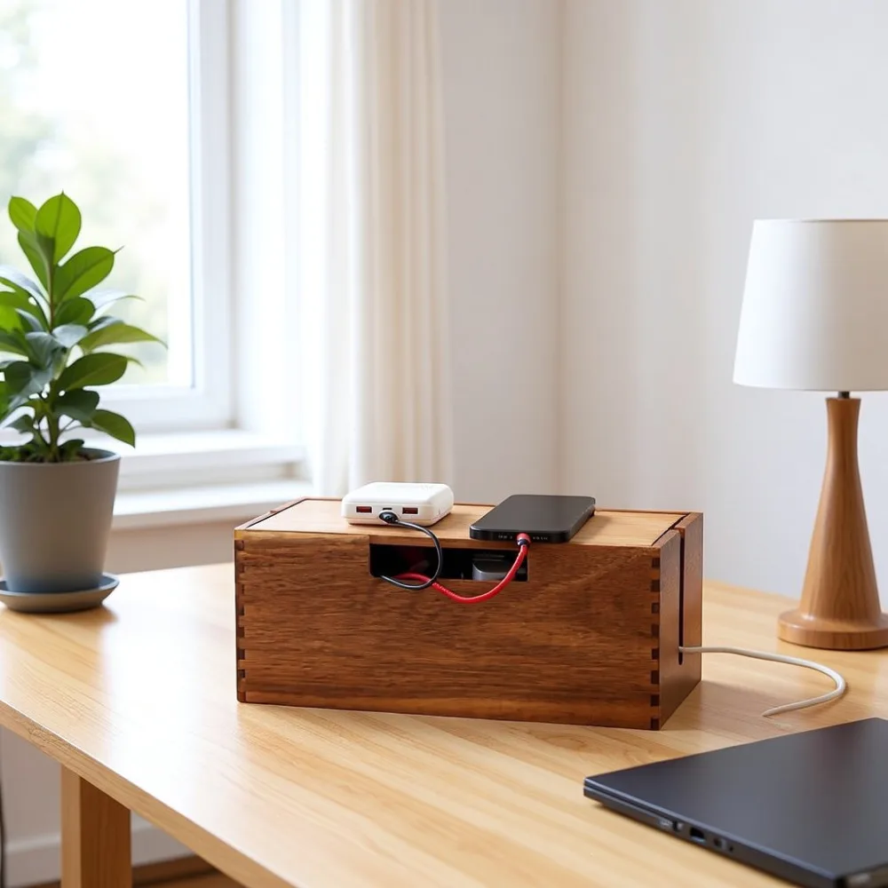 Vintage Pine Wood Cable Management Case Desktop Tidy Storage Organizer For Charging Cords Data Lines Office Workspace