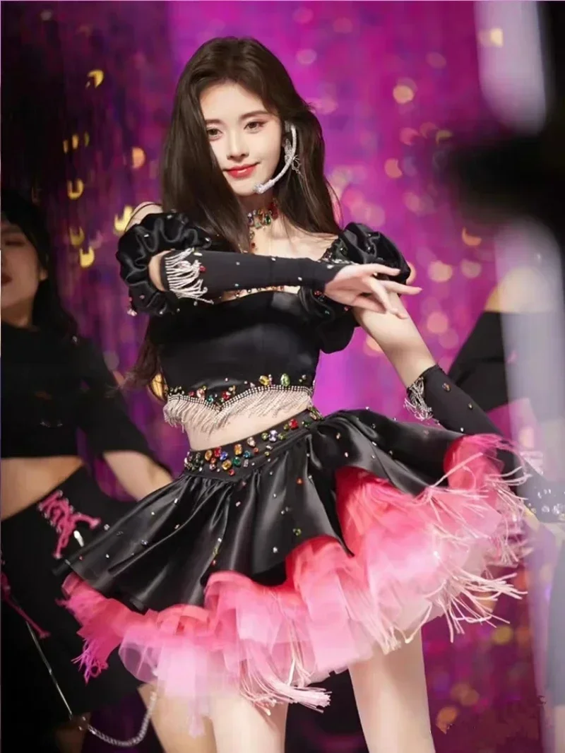 Kpop chanteur coréen Jazz danse Sexy noir T-shirt culture hauts femmes discothèque femme chanteuse danseuse tenues Mini jupe vêtements de scène