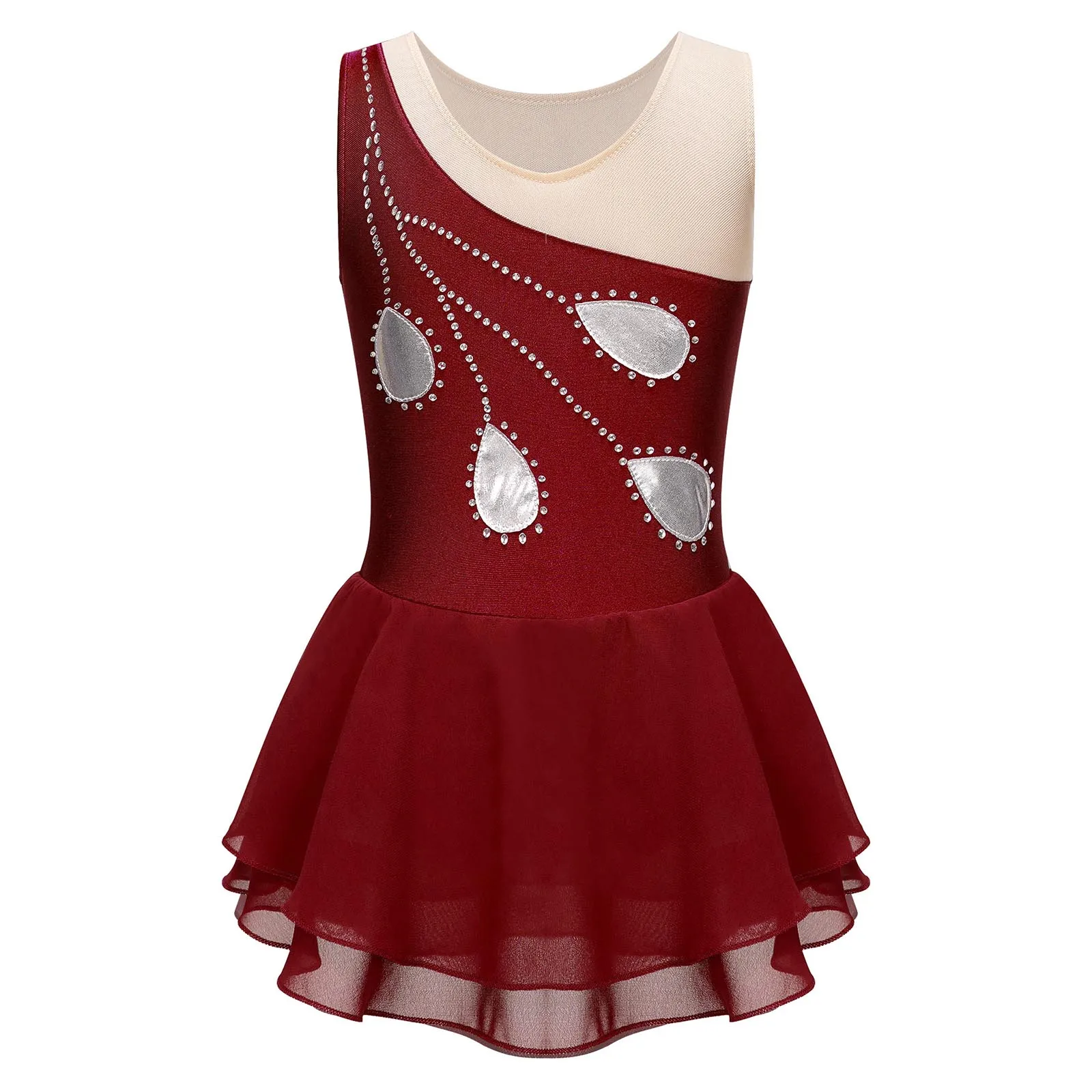 Child Girls Ballet Gymnastics Leotard Dress Sleeveless Rhinestone Figure Ice Skating Dress Competition Training Dance Costume