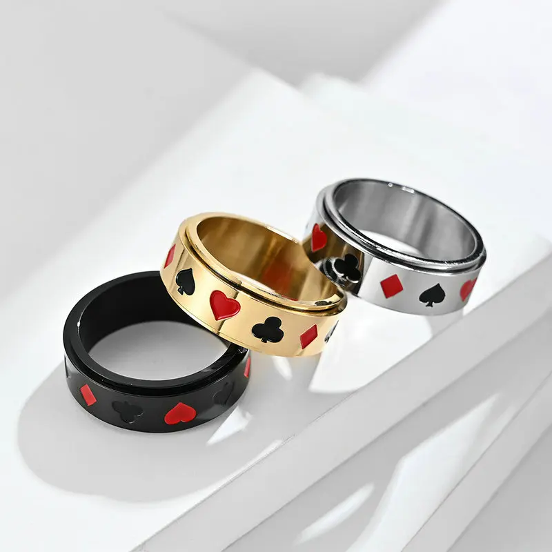 Stainless Steel Spade Rotatable Ring with Red Peach Plum Blossom Square Poker Card Pattern for Men Women