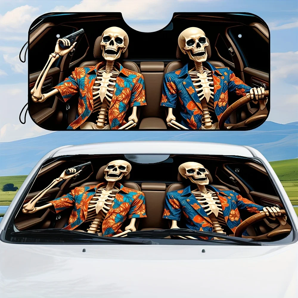 1pc Skeleton Gangster Car Sunshade - Compact & Lightweight Windshield Art Design With Vibrant Skeletons In Hawaiian Shirts, Styl