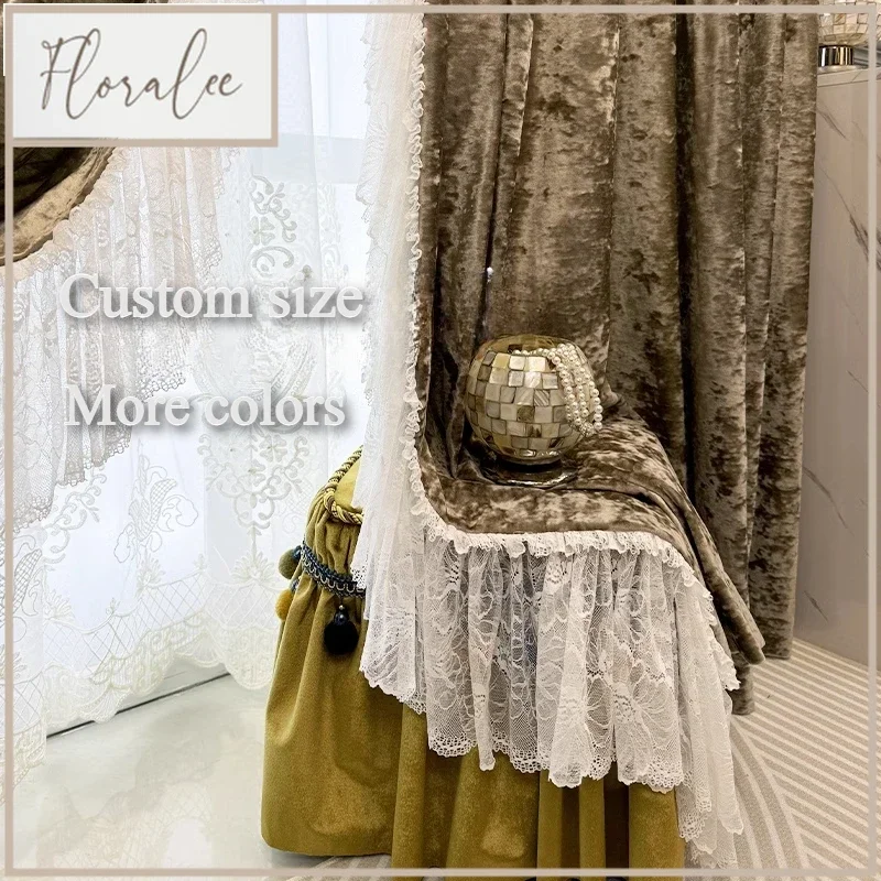 

European Coffee Ice Velvet Lace Blackout Curtains For Living Room Bedroom Dining Romantic Retro Decor Custom Size White Tulle