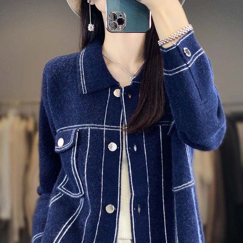 Cashmere Coat Women\'s Clothing PoLo Collar Cardigan 100% Merino Wool Knit Color-block Top Fashion Korean Luxury Jacket Shirt