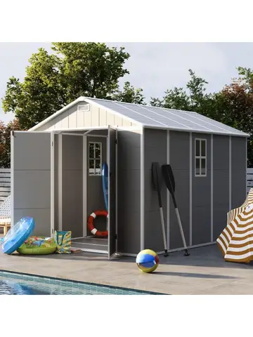 8x10 FT Outdoor Resin Storage Shed with Floor and Lockable Door for Garden Tools and Bikes