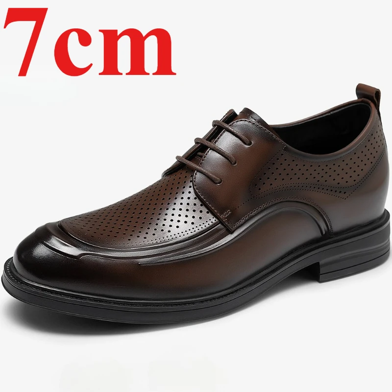 

Summer Sandals Derby Shoes for Men's Dress 7cm Height Increasing Shoe Comfortable Cowhide Hollowed Out Breathable Elevator Shoes