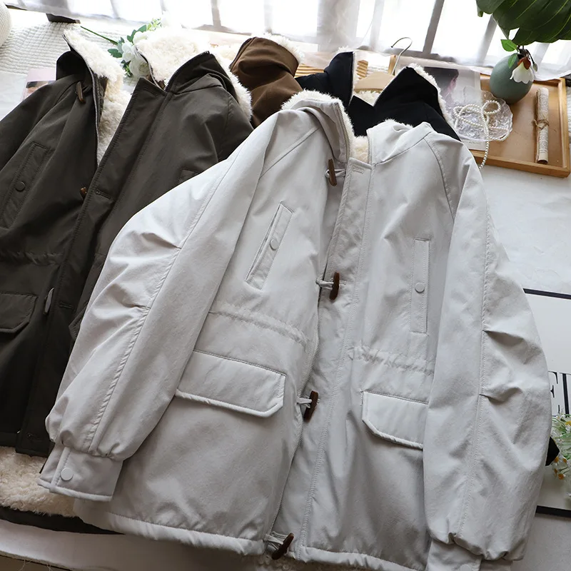 

Хлопковое пальто с капюшоном на подкладке из овечьего меха, женское зимнее новое свободное теплое хлопковое пальто, верхняя одежда, длинная молния свека
