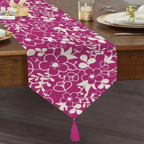 Real Homes Colorful Floor Flower On Patterned Digital Printed Custom Design Tassels Chenille Triangle Runner