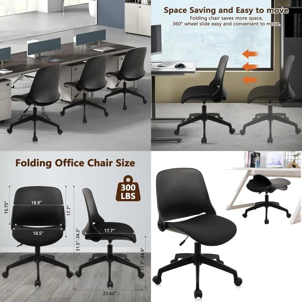 

Ergonomic Swivel Chair with Wheels, Adjustable Height, Foldable Desk Chair for Home and Office, Space-Saving, Black