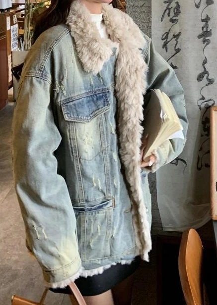 

2025 New Retro Patchwork Denim Jacket for Women Autumn/Winter Loose Thickened Cotton Coat