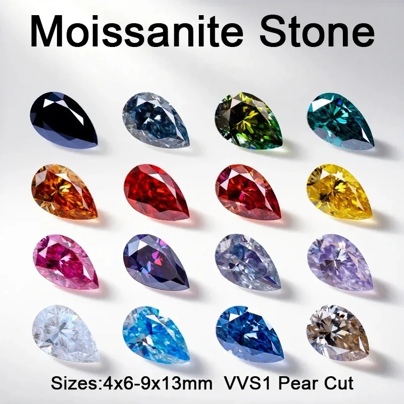 New Moissanite Stone Gemstone Pear Shape VVS1 Multiple Colors Charms Beads for DIY Jewelry Earrings Making with Certificate