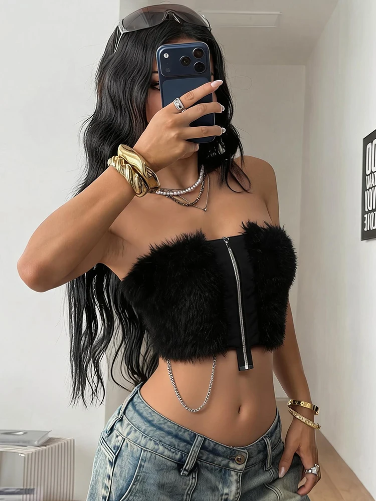 Kliou Zip Cardigan Tank Tops Women’s Summer Trend Sexy Wrap Chest Furry Patchwork Backless High-Street Fashion Style Classic Vests