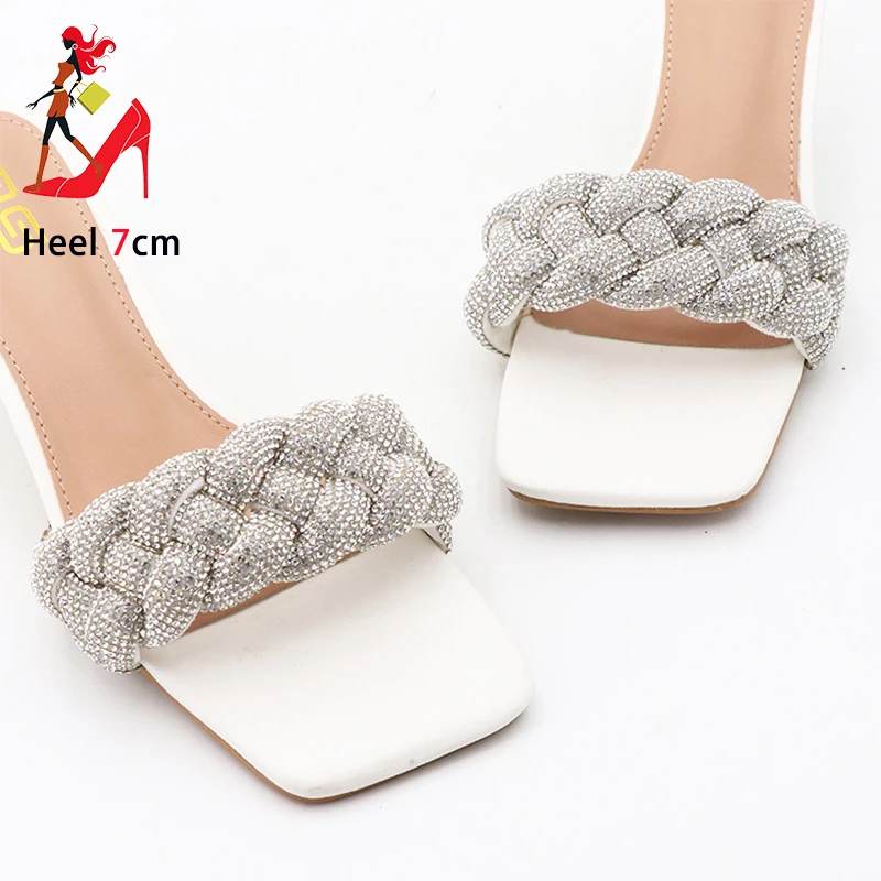 

Brand Women Shoes Designer 2025 Summer Fashion Weave High Heels Mules White Slippers 7CM Stiletto Square Toe Rhinestone Sandals