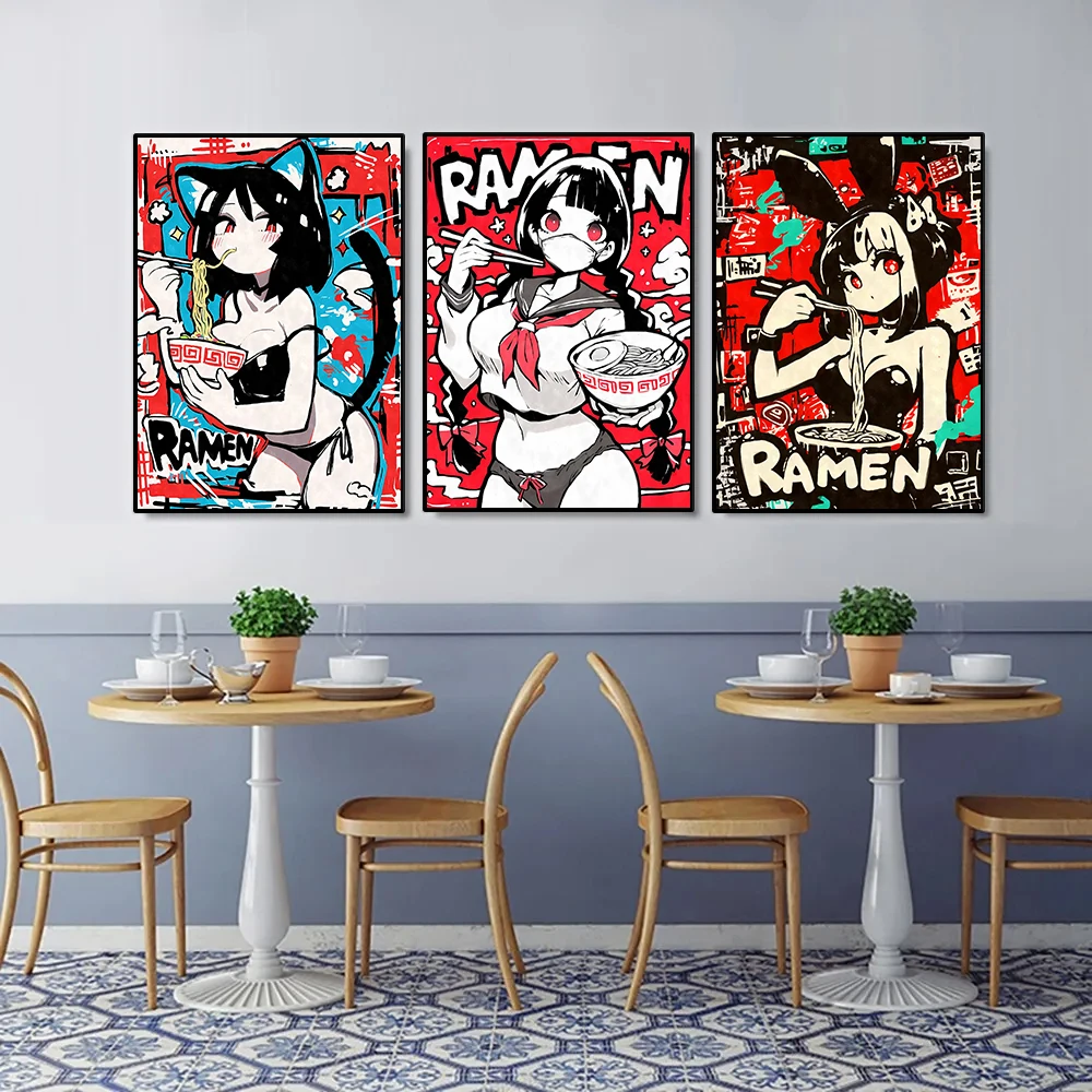 Aesthetic Anime Cute Sexy Cat Girl Eating Ramen Noodles Poster Prints Canvas Painting Wall Art Restaurant Living Room Home Decor