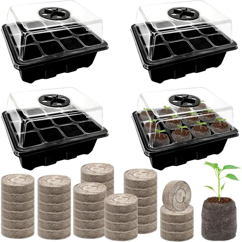 4 Pack Seed Starter Tray with 50 PCS Peat Pellets, 48 Cells Black Seeding Starter Trays or Organic Seed Starter Soil Pods for Pl