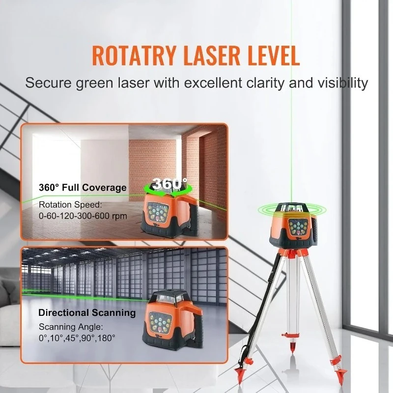 Green Rotary Laser Level with 2000ft Range, 360-Degree Self-Leveling Kit Including Survey Tripod and 5m Staff, IP66 Waterp