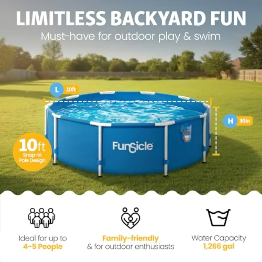 Above ground swimming pool for backyard use, vinyl material, blue color, includes FiltraBoost 400 GPH filter pump with AutoSkim