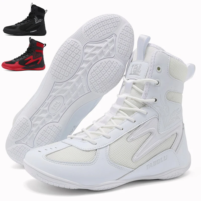 K005 Boxing Shoes Men White Professional Mesh Breathable Fighting Boxing Shoes LightWeight Fitness Wrestling Squats Sneakers
