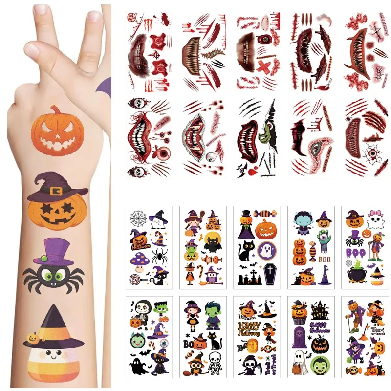 10 Uds. De pegatinas de tatuaje temporal de fantasma de Halloween, pegatinas de tatuajes de caramelo de calabaza y murciélago, labios de terror,