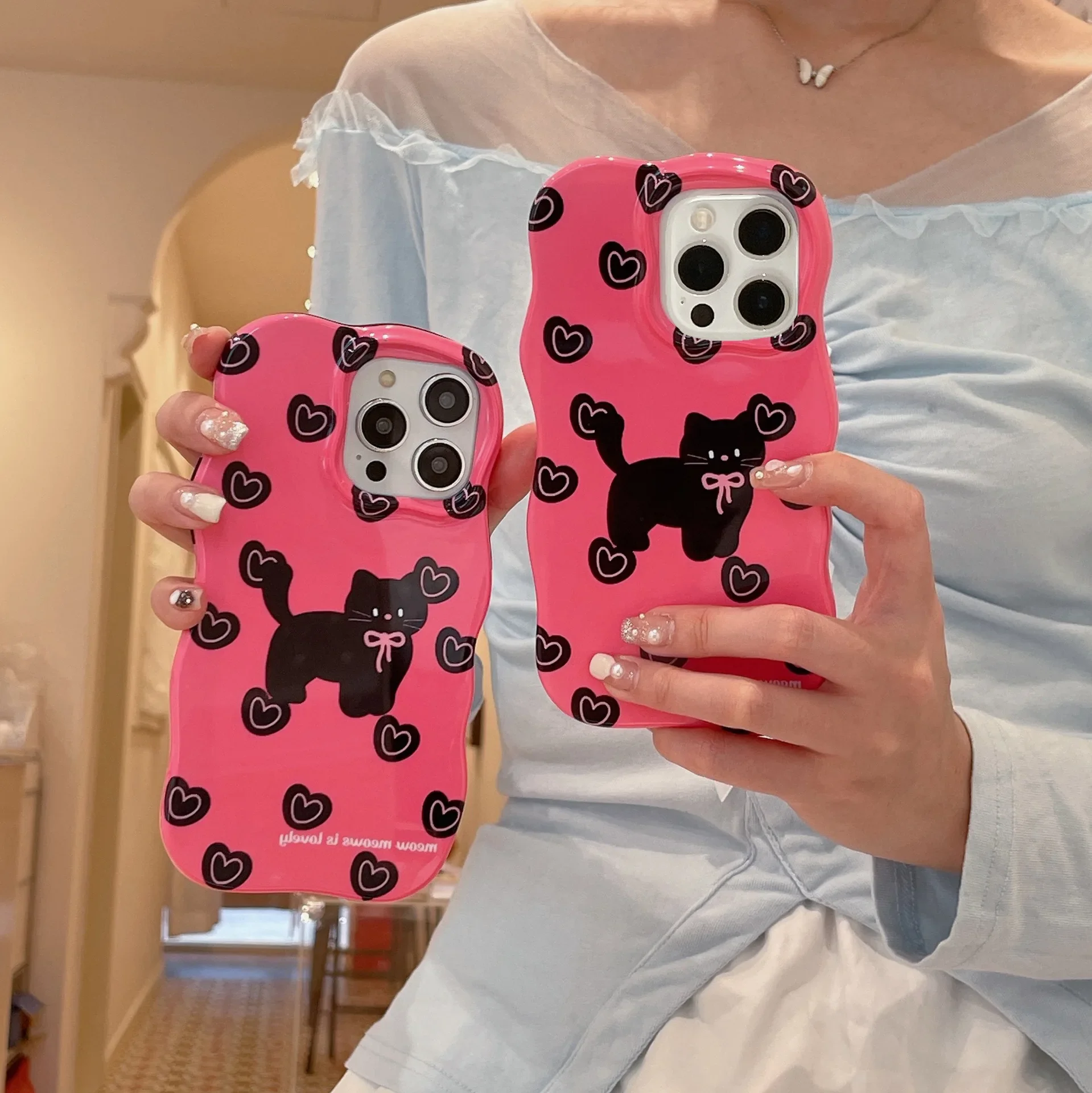 Retro pop pink bow tie black cat girls Phone Case For iPhone 16 15 14 13 12 11 Pro Max Case Cute luxury Sweet Cartoon Soft Cover