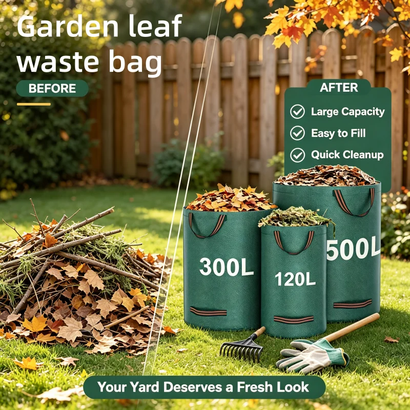 Garden Waste Bag Woven Leaf Bag Waterproof Foldable Yard Sack Reinforced Handles 120L 300L 500L Lawn Grass Leaves & Clippings