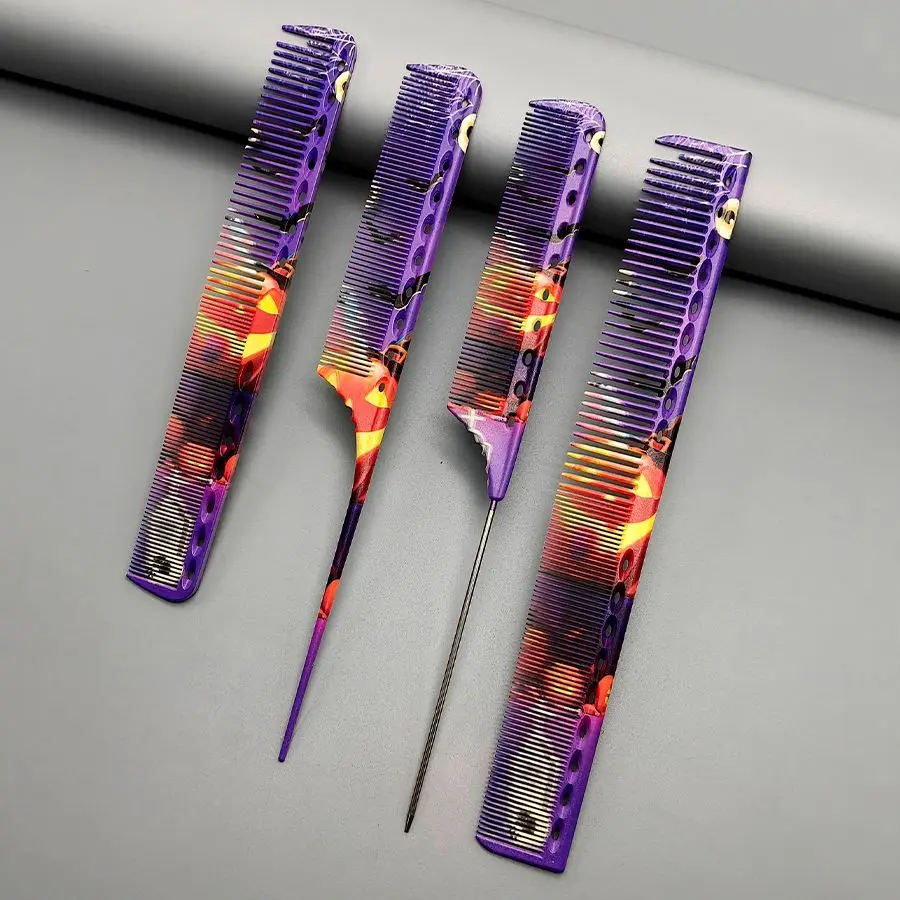 Purple Print Barber's Comb Hairsalon Hair Cutting Combs Hair Dye Steel Needle Pointed Tail Comb Hairdressing Styling Tools