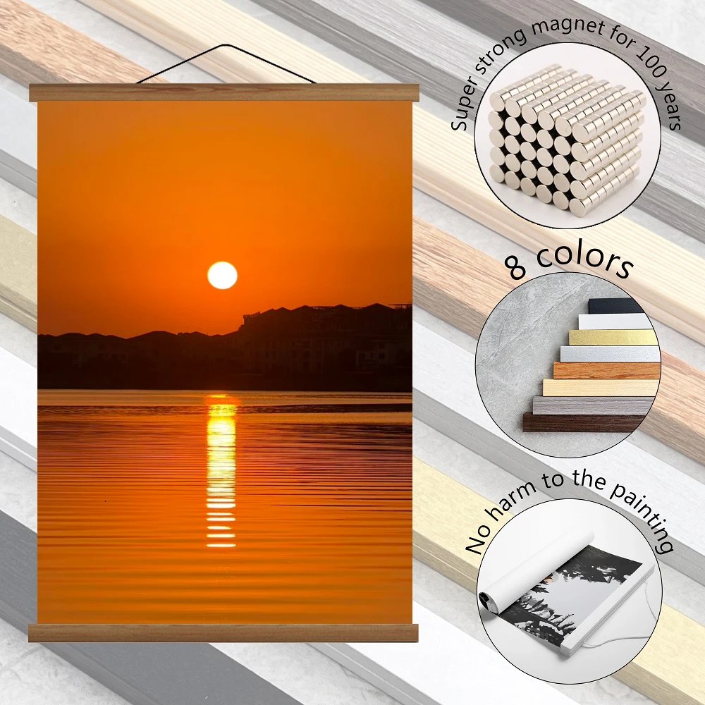 

8 Colors Natural Wood Magnetic Poster Hanger Scroll Painting Frame Gold Silver Black White Wood Photo Frame Canvas Frame