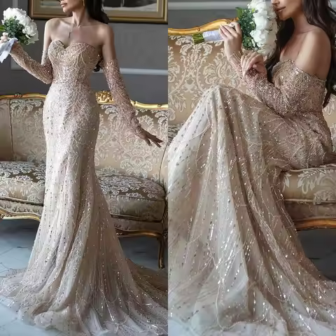 Sparkly Mermaid Evening Dresses Sweetheart Neck Sleeveless Gown Sequins Beaded Sweep Train Length Dress Party Customized