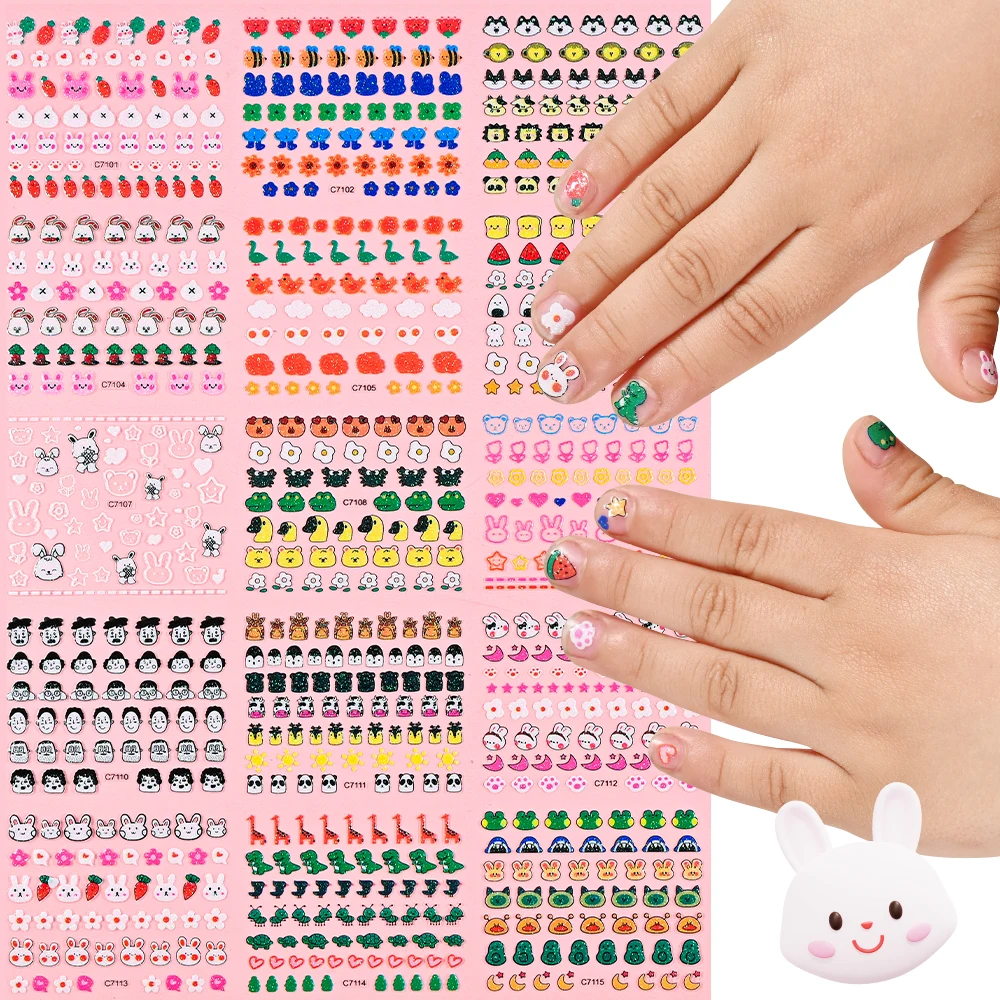 15pcs/set 3D Kawaii Cartoon Animal Glitter Nail Stickers Colorful Rabbit Self Adhesive Cute Cartoon Nail Decals for Children