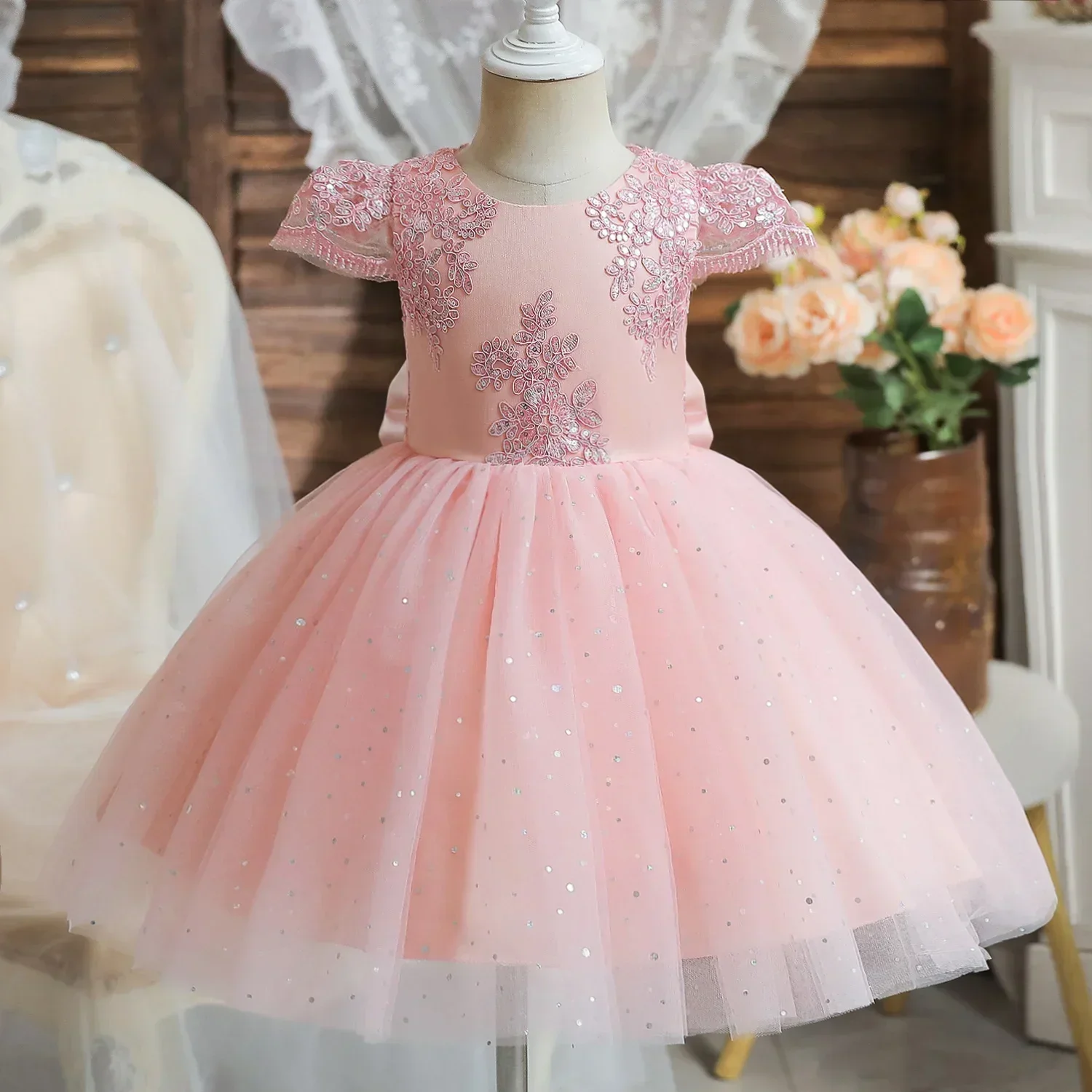 Toddler Girls 1st Birthday Party Dresses Cute Bow Kids Princess Lace Tulle Short Dress Flower Girls Dresses for Wedding 1-5 Year