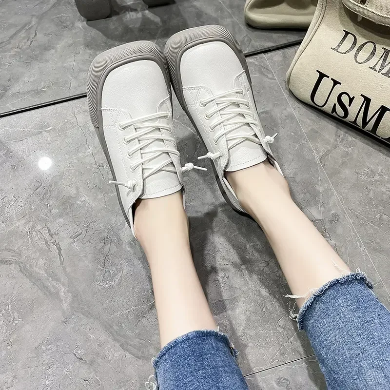 Single Shoes Women New Women\'s Shoes Summer Square Head Shallow Flat Women\'s Lace-up White Casual Shoes