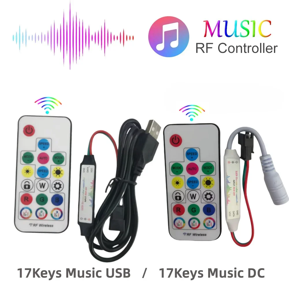 

DC5V-24V 17Keys Music Led Controller 3Pin Mini RF Remote for WS2812B WS2811 5050 RGB Individually Addressable Pixel Module Strip