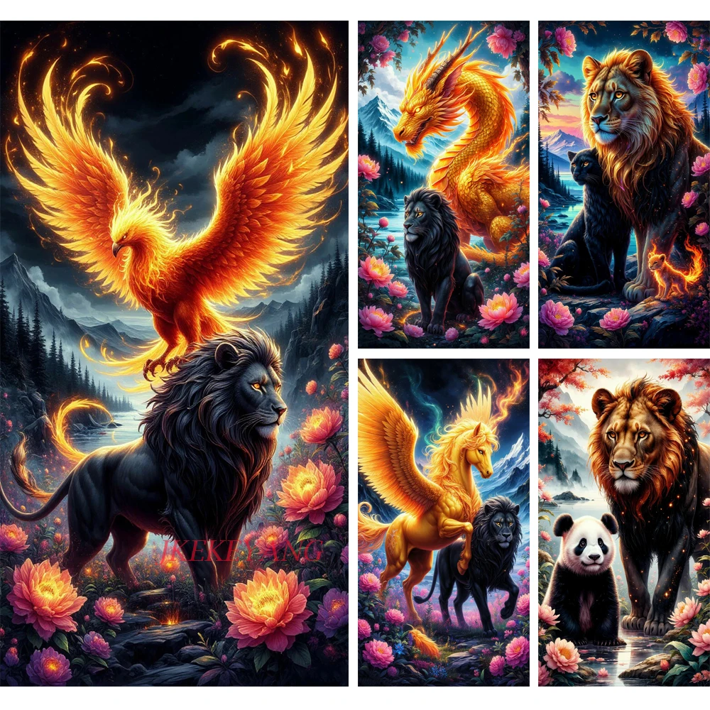 Fantasy Lion Dragon Phoenix Picture DIY Diamond Painting Cross Stitch Full Drills Diamond Mosaic New Collection Home Decor