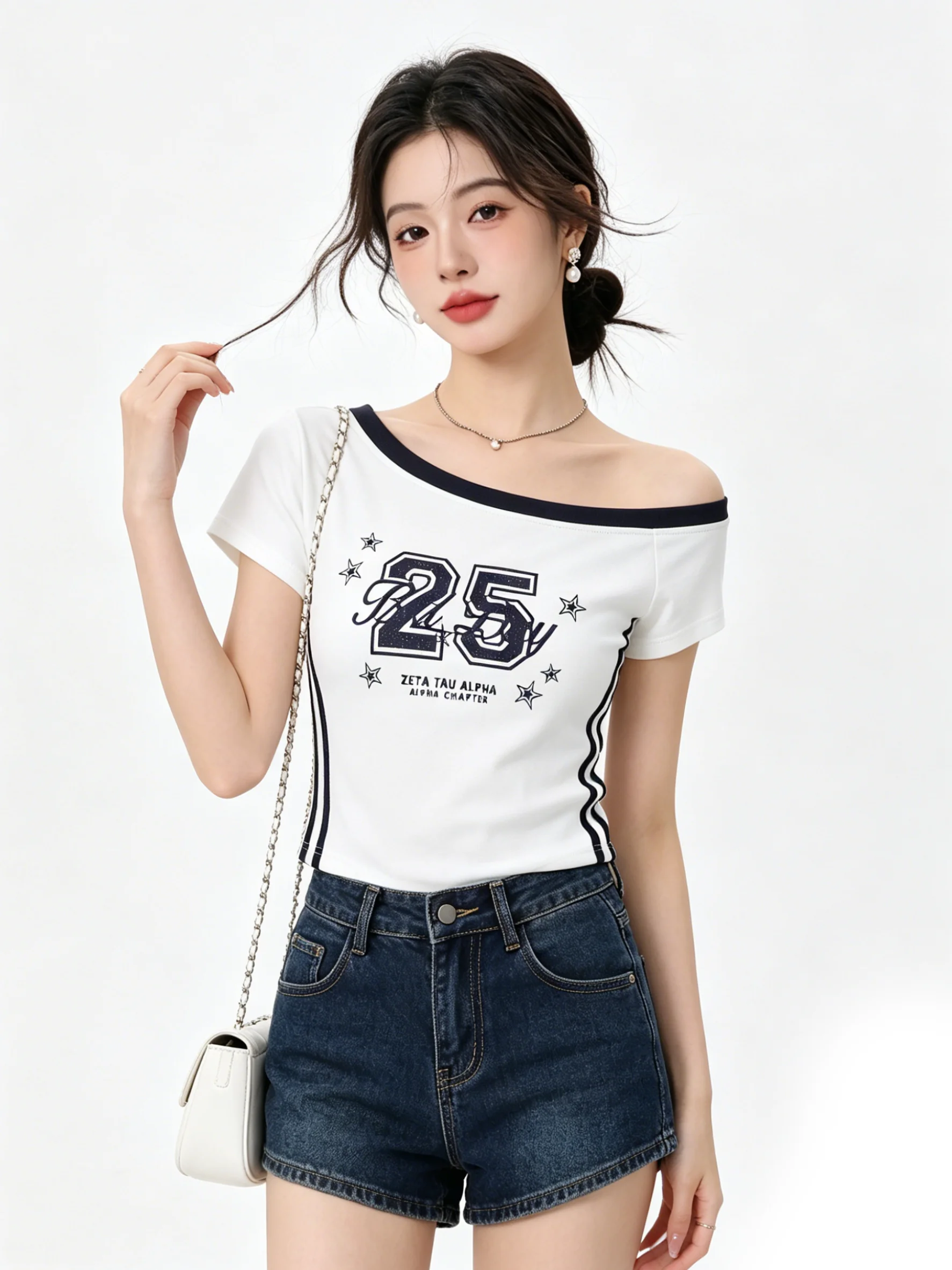 

American Style Short Sleeve T-Shirt Shoulder Bared Neck Design Digital Print Slimming Short Top for Summer Women's Fashion