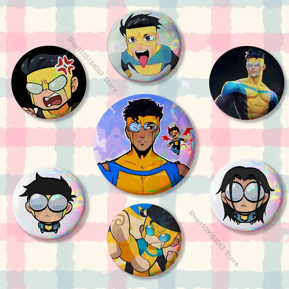 I-InvincibleS Chibis Ename Reflective Pin Tinplate Round Brooch Cartoon Cosplay Badges for Bag Hat Toys Gifts