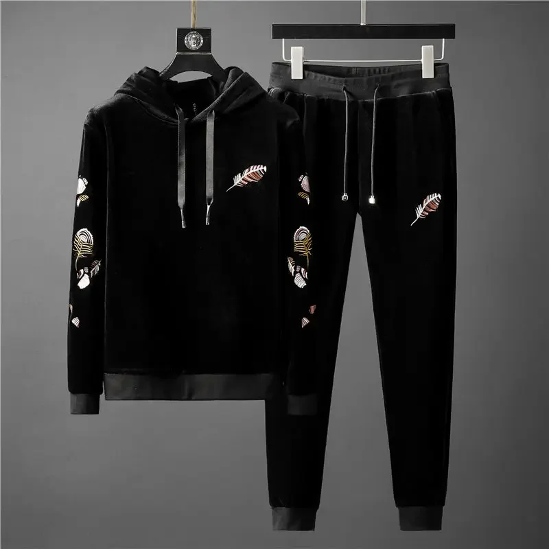 

Black Autumn and Winter Men's Suit, Embroidered Thick Men's Hoodie, Fashionable Casual Lace-up Men's Sportswear 2 Piece Set