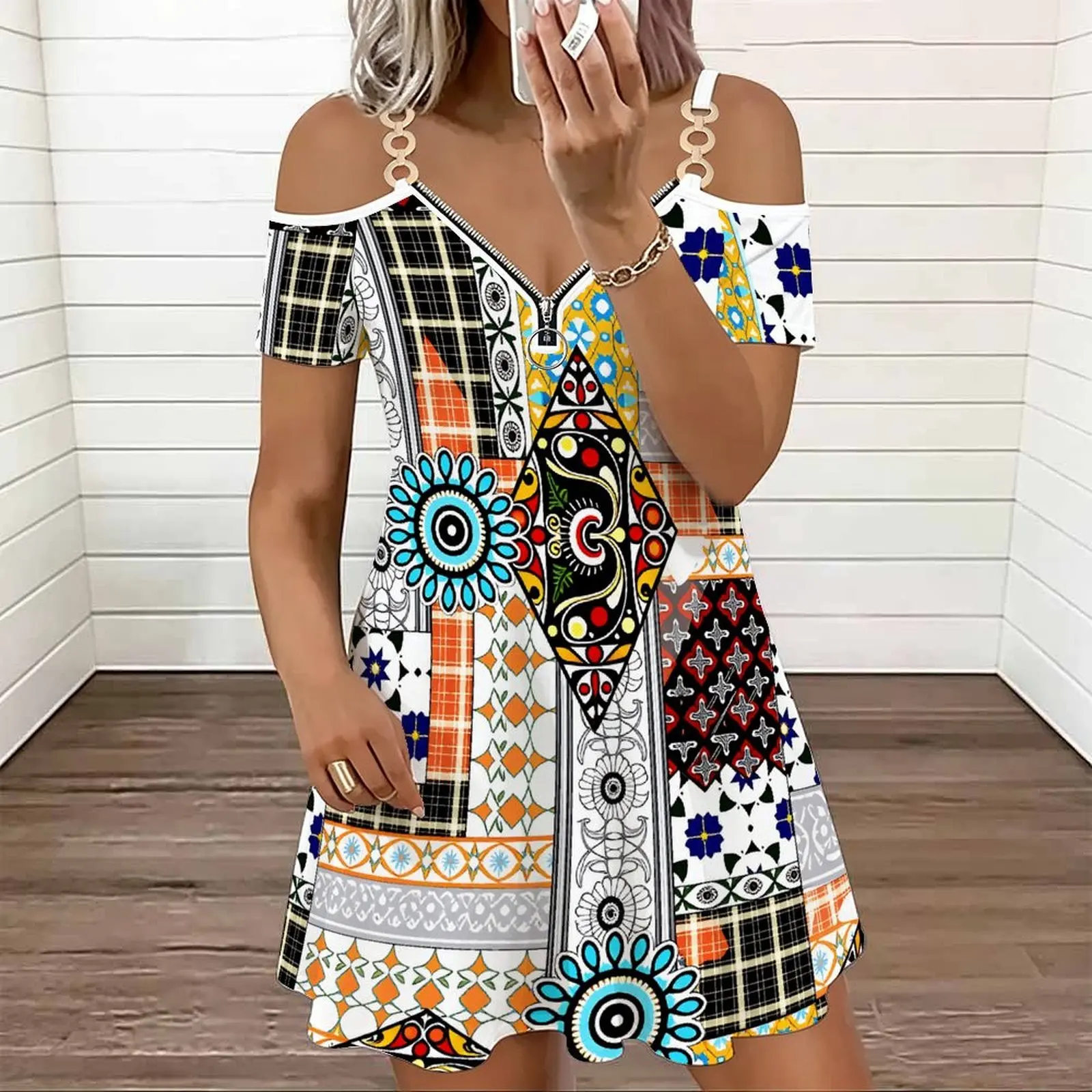Spring Summer Women's Cold‑shoulder Double Strap V‑neck Zipper Dress  Sexy Elegance Slim Dress  Everyday Commuting Mini Skirt