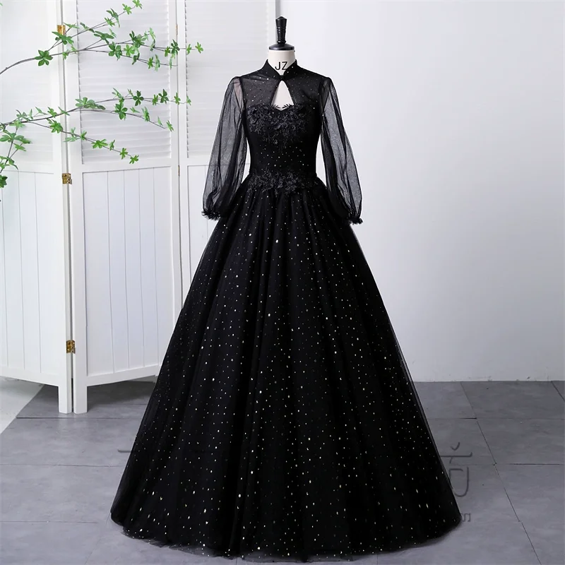 long sleeve black sequined vintage ball gown long dress vintage medieval dress Renaissance princess Victoria dress