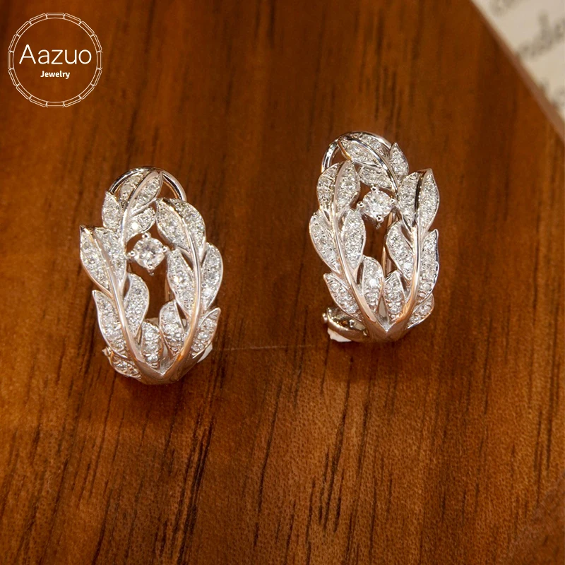 Aazuo 18K White Gold Real Diamond Luxury Leaves Jewerly Set Earring 0.30ct Gifted For Women  Engagement Halo anillos mujer Party