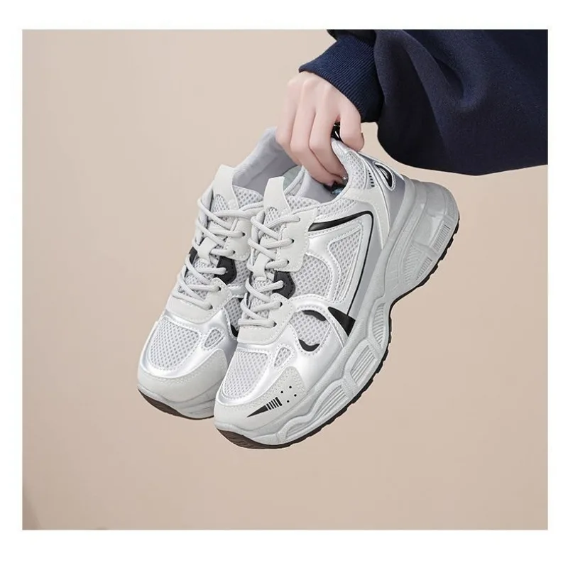 

Y2K Women Summer Thin Breathable Platform Height Up Sneakers Sier Shiny Casual Sport Travel Running Walking Shoes For Ladies