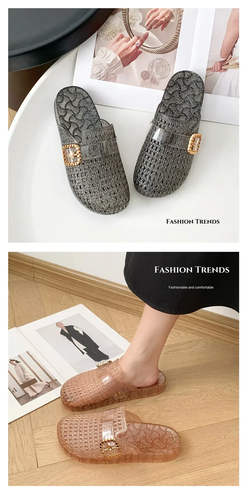 2026 Damen Jelly-Kristall-Pantoletten mit offener Zehenpartie, neuer Sommerstil, modische Damen-Strandsandalen, hohles Design, rutschfest. – Detail 4