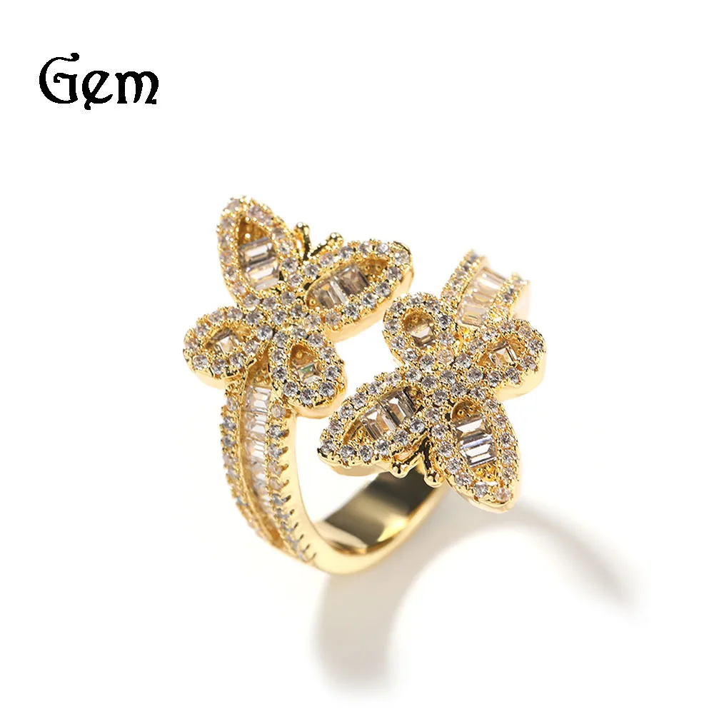 new fashion jewelry  bling Diamond-set staggered butterfly ring  personality hip hop all-in-one unisex ring for women and men