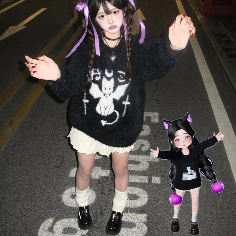 ثقافة فرعية لطيف الملاك الشيطان القط المطرزة فضفاض البلوز سترة خمر Harajuku y2k E-الفتيات kawaii الجمالية الحلو سترة