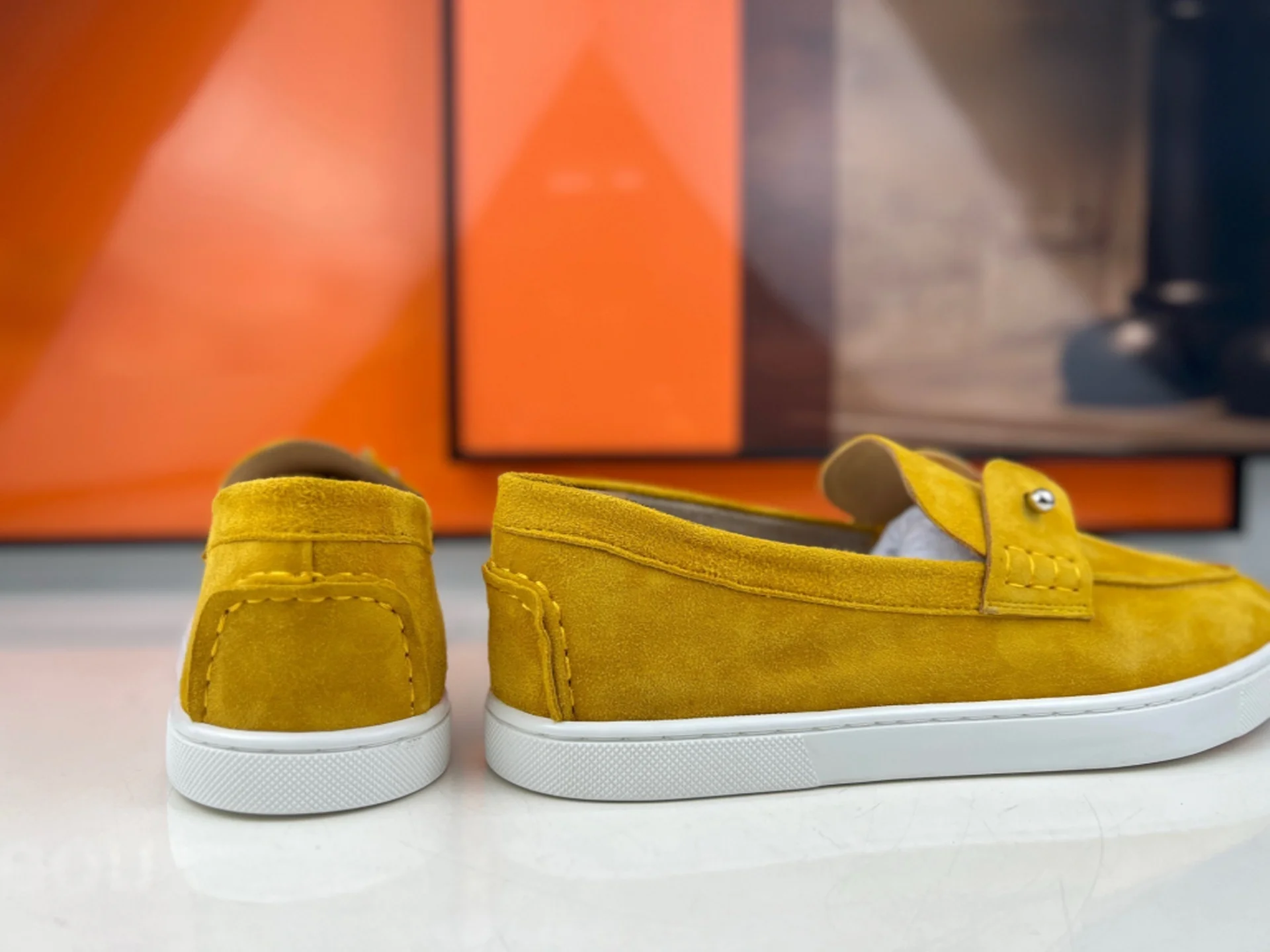 Men's Low Top Black Orange Suede Leather  Silver Rivet Buck Loafers Red Bottom Casual Skate Trainers Walking Footwear Boat Shoes