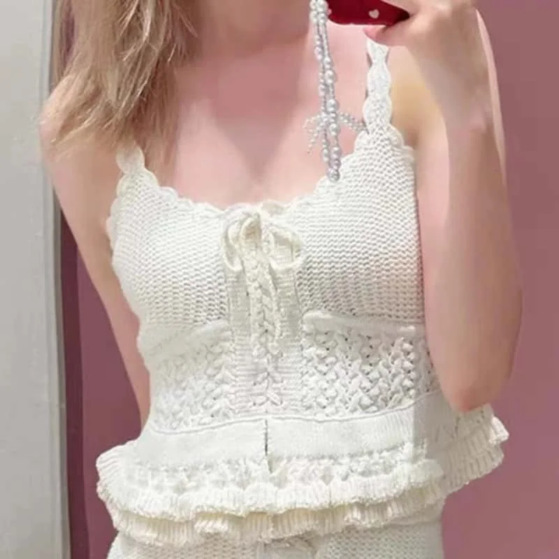고품질 패션 여름 신상 니트 투피스 세트 여성 민소매 크로셰 크롭 베스트 탑 또는 하이웨이스트 스커트 여성 정장