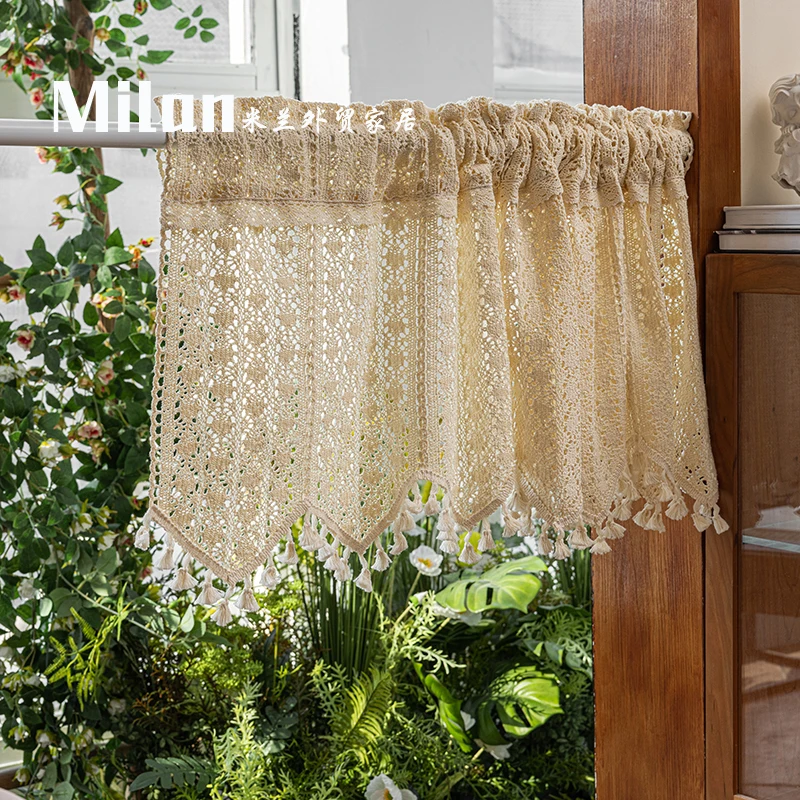American country crochet cotton thread through rod curtain literary style small curtain can be customized kitchen curtains