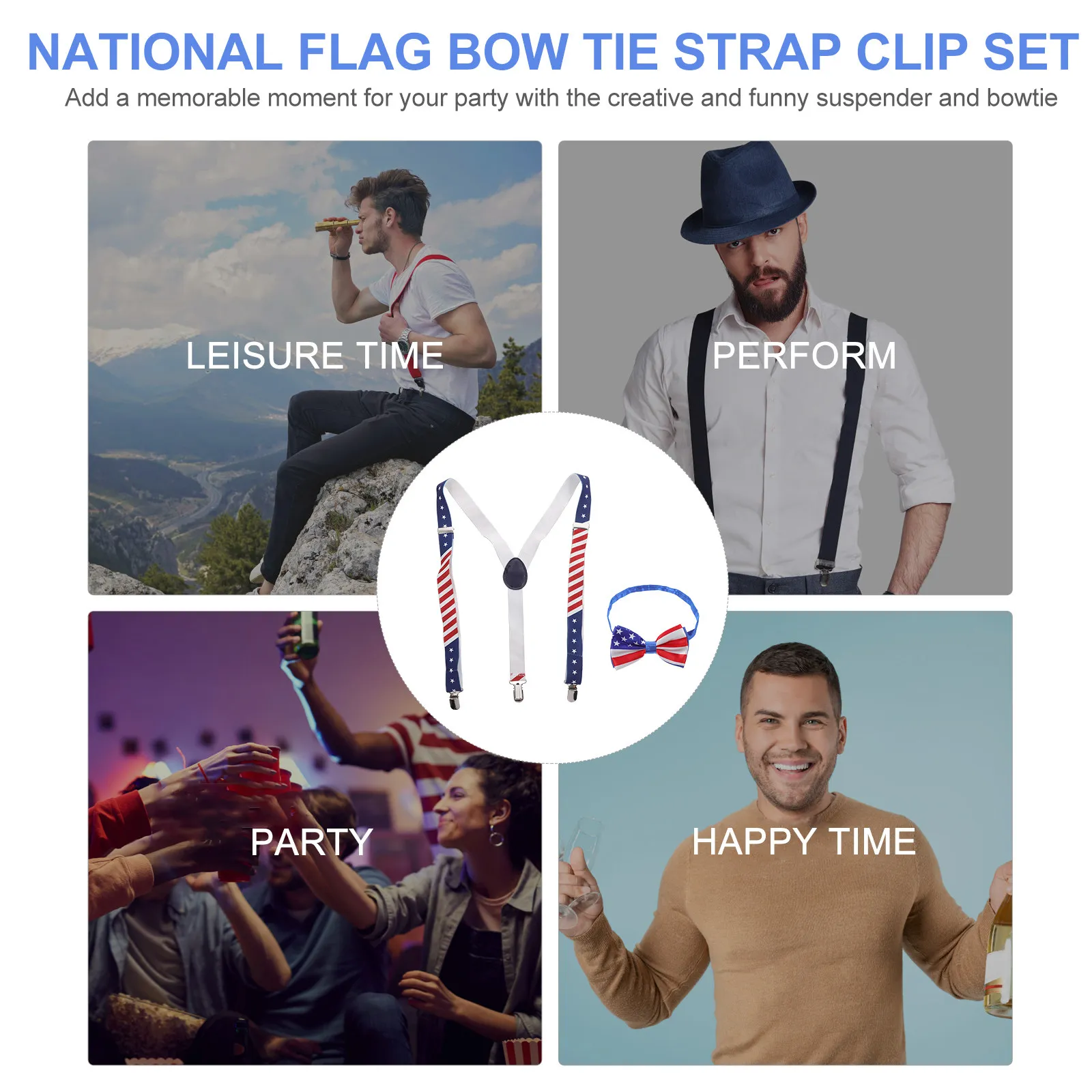 1Set National Flag Suspender Bowtie Set High Quality Zinc Alloy Polyester Material Perfect Patriotic Celebration Costume Prop